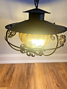 Vintage Black Wrought Iron Spanish Revival Hanging Lamp Amber Glass Shade
