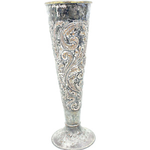 Large Antique Repouss Scroll Design Silver Plate On Copper Trumpet Vase 15 Inch
