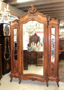 French Antique Carved Walnut Louis Xv Mirrored Door Armoire Circa 1890