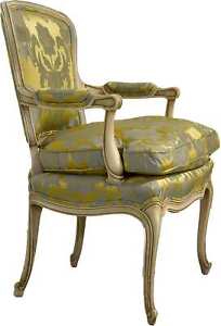 Vintage French Bergere Fine Silk Damask Feather Down Armchair Gold Grey