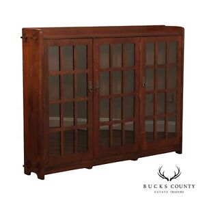 Stickley Mission Collection Oak Triple Bookcase With Glass Doors