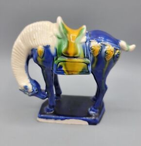 Mid Century Chinese War Horse Tang Dynasty Majolica Sancai Drip Glaze Horse