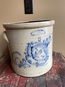 Antique Ottman Bros Fort Edward Ny 5 Gal Salt Glaze Blue Cobalt Stoneware Crock