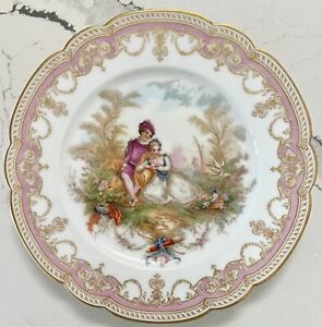 Antique Signed Sevres Hand Colored Pink Gilt Courting Couple Plate