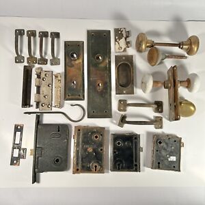Antique Mixed Hardware Lot Door Knobs Mortise Penn Rh Co Sparks Handle Hinge