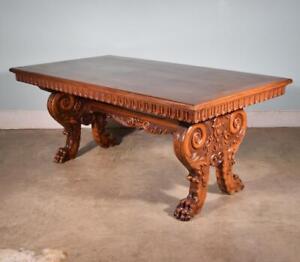 Antique Italian Renaissance Revival Dining Table In Walnut Highly Carved