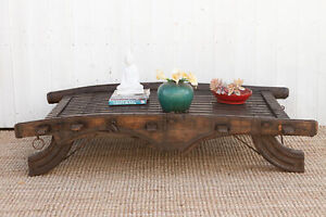 Large Handsome Oxcart Teak Iron Coffee Table