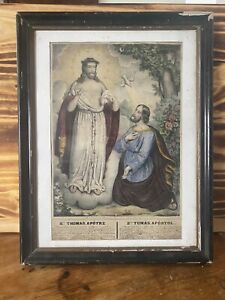 French Antique Religious Colorful Print 1800s St Thomas In Frame