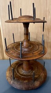 Antique 3 Tier Wood Sewing Spool Pins Caddy 6 H X 3 75 D No Pin Cushion