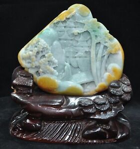 6 8 China 100 Natural Jadeite Emerald Jade Carved Landscape Sculpture Statue