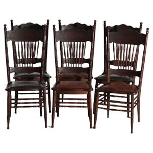 Six Antique Oak Larkin Reverse Heart Shape Spindle Pressed Back Dining Chairs