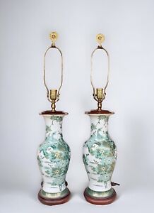 Pair Of Large Vert Green Gold Peacock Peony Porcelain Converted Vase Lamps 37 
