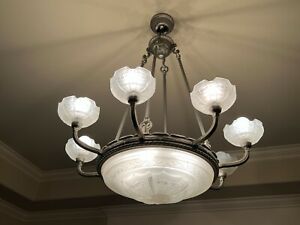 Very Rare French Art Deco Glass Chandelier By Ernest Sabino
