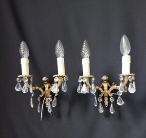 Bbeautiful Vintage Pair Small Of Brass Crystal 2 Light Sconces Wall Lights