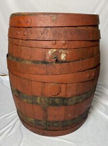 Antique Vintage Red Wood Barrel Keg 23 H 18 D Large 6 Metal Bands