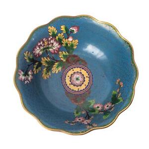 Antique Chinese Cloisonne Large Fluted Bowl Plum Blossom Chrysanthemum Vtg