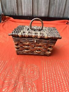 Antique Wicker Wood Sewing Box Pin Cushion Silk Lined Distressed