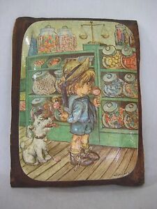 Vintage Print Boy Dog In The Candy Shop On Tile With Wooden Frame Wall Deco