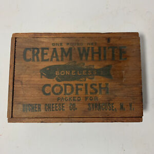 Antique Cream White Codfish Wooden Box Dovetail Disher Cheese Co Syracuse Ny