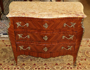 Italian Kingwood Marble Top Bronze Mounted Dresser Commode Chest Of Drawers