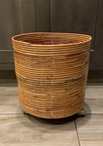 Vtg Mid Century Wheeled Rattan Coiled Pencil Reed Planter Basket Italy For 56