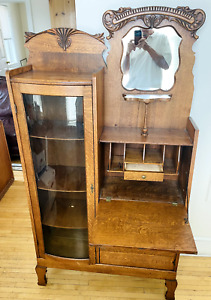 Antique Oak Side By Side Secretary Bookcase Curio Combination Cabinet