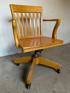 Vintage Oak School Library Bank Swivel Desk Chair Solid Wood
