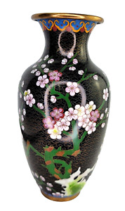 Vintage Cloisonne Enamel Black Vase Brass Asian Pink Cherry Blossom Flowers Bird
