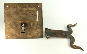  Antique 17th C Door Lock Latch Set Hand Forged Iron Large