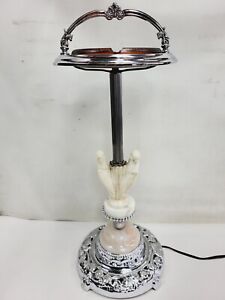 Art Deco Chrome Floor Ashtray W Alabster Parrot Cigar Room Lounge Smoking Stand