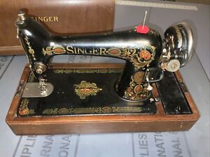 Vintage Treadle Sewing Machine 1919 Singer Model 66 Red Eye In Bent Wood Box