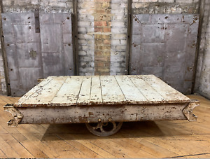Antique Industrial Wooden Factory Cart Furniture Coffeetable Railroad Cart White