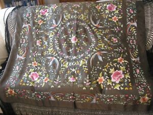 Antique Spain Manton Chinese Canton Silk Embroidery Piano Scarf Shawl 54x54