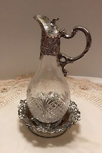 1950s Corbell Co Claret Jug Wine Coaster Silver Plated French Cut Crystal