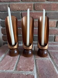 3 Vintage Reflector Candle Holder Copper Wood Rustic Primitive