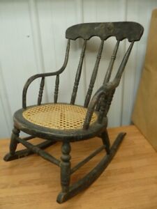 Vintage Child S Rocking Chair With Spindles Round Cane Seat