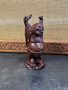 Vintage 1940s Wood Carving Hand Carved Wooden Happy Laugh Laughing Buddha Statue