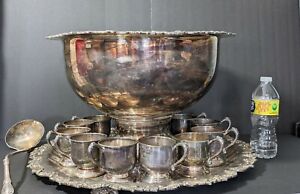 Large Sheridan Silverplated Copper Grape Punch Bowl Tray Ladle 12 Cups
