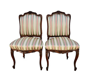 Vintage Pair Of Ornately Carved French Style Side Chairs W Stripe Fabric