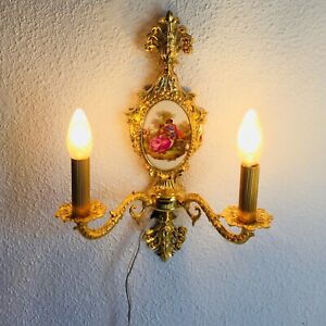 Antique 2 Light Cast Brass Wall Sconce Limoges Sevres Style Porcelain Plate