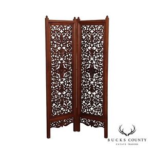 Ornate Carved Mahogany Folding Two Panel Dressing Screen