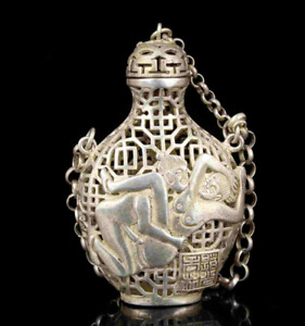China Hand Carved Figures Tibetan Silver Hollow Out Perfume Satchel Snuff Bottle