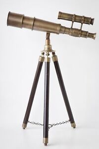 Brass Double Barrel Telescope Table Top Wooden Tripod Stand Decorative