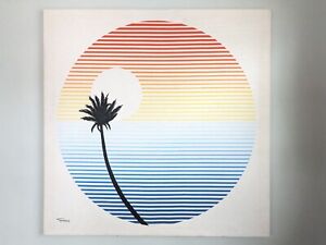 Mid Century Modern Sun Water Palm Tree Fabric Painting Signed Tamarack 36 X 36 