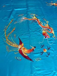 Antique Chinese Hand Embroidered Silk Piano Shawl Tapestry Dragon Cock Fringed