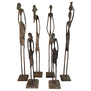 Vintage Brutalist Elongated African Tribal Brass Bronze Statues Modernist 6 
