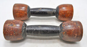 Antique Wooden School Kids Dumb Bells Original Old Hand Carved Lacquer Painted