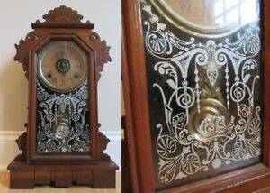 Rare Antique Gingerbread Clock Ansonia Mantel Alarm Kitchen Reverse Paint