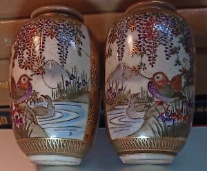Antique Japanese Pair Of Hand Painted Satsuma Gold Gilded Porcelain Vases