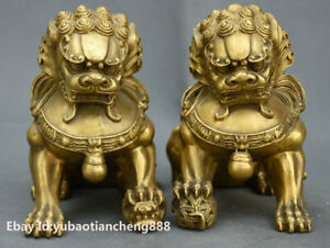2pc China Folk Bronze Brass Fengshui Foo Fu Dog Guardion Lion Beast Statue Pair